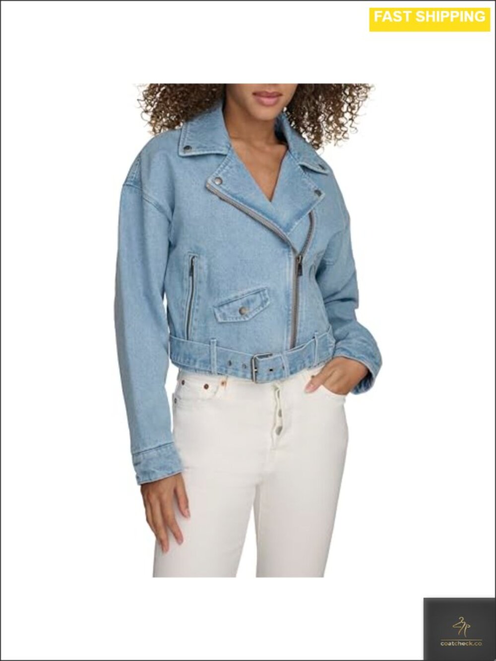 Cropped Denim Moto Jacket Drop Shoulder Removable Belt Snap Lapels